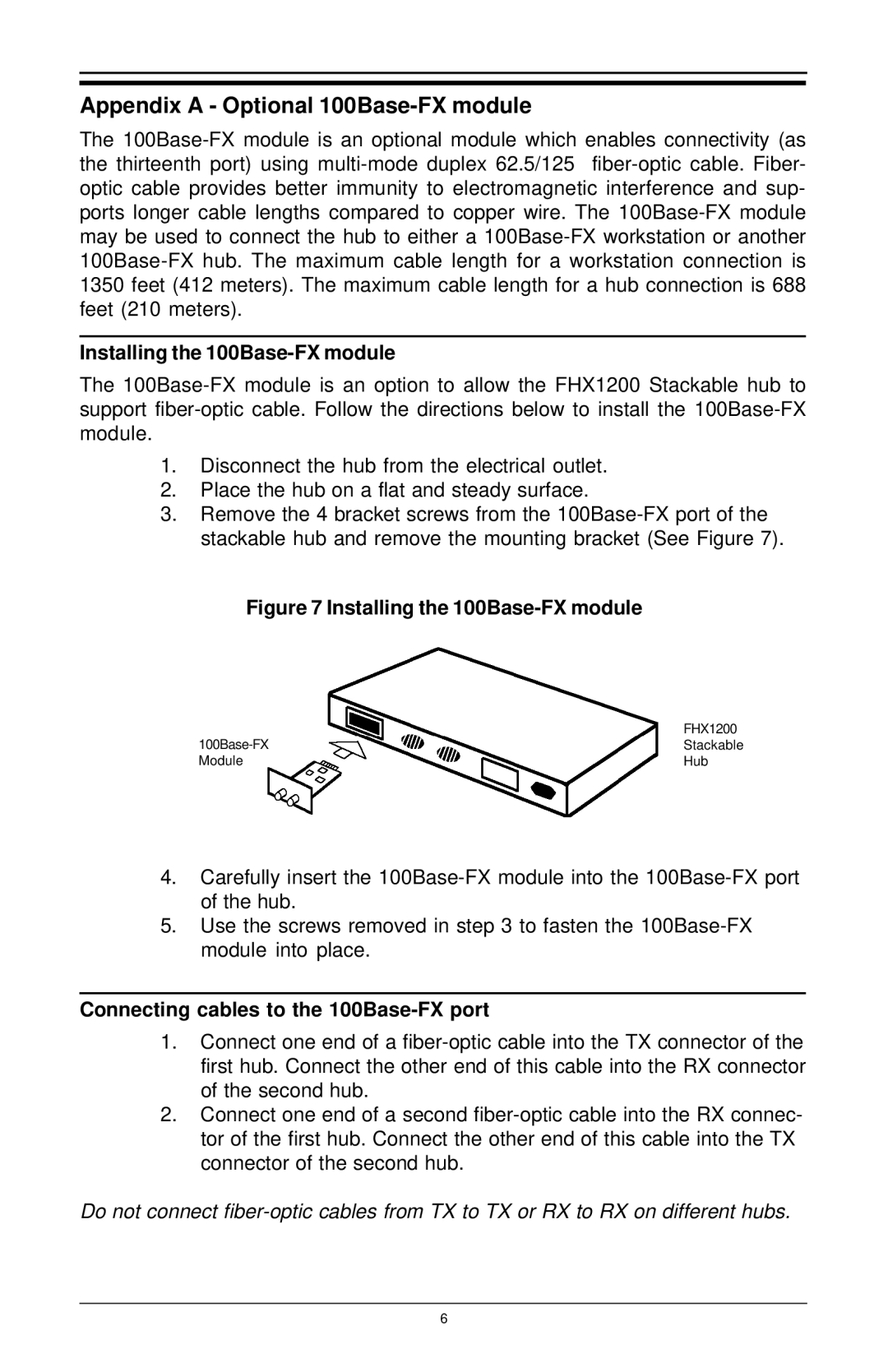 MaxTech FHX-1200 manual Appendix a Optional 100Base-FX module, Installing the 100Base-FX module 