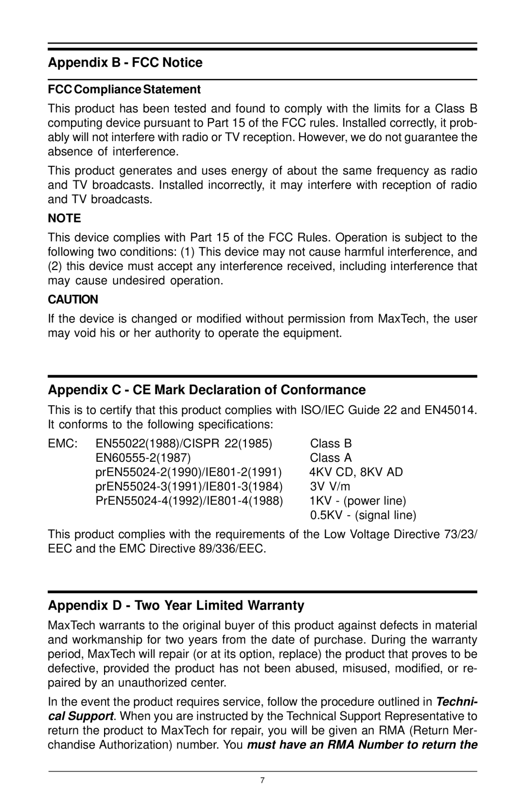 MaxTech FHX-1200 manual Appendix B FCC Notice, Appendix C CE Mark Declaration of Conformance, FCC Compliance Statement 