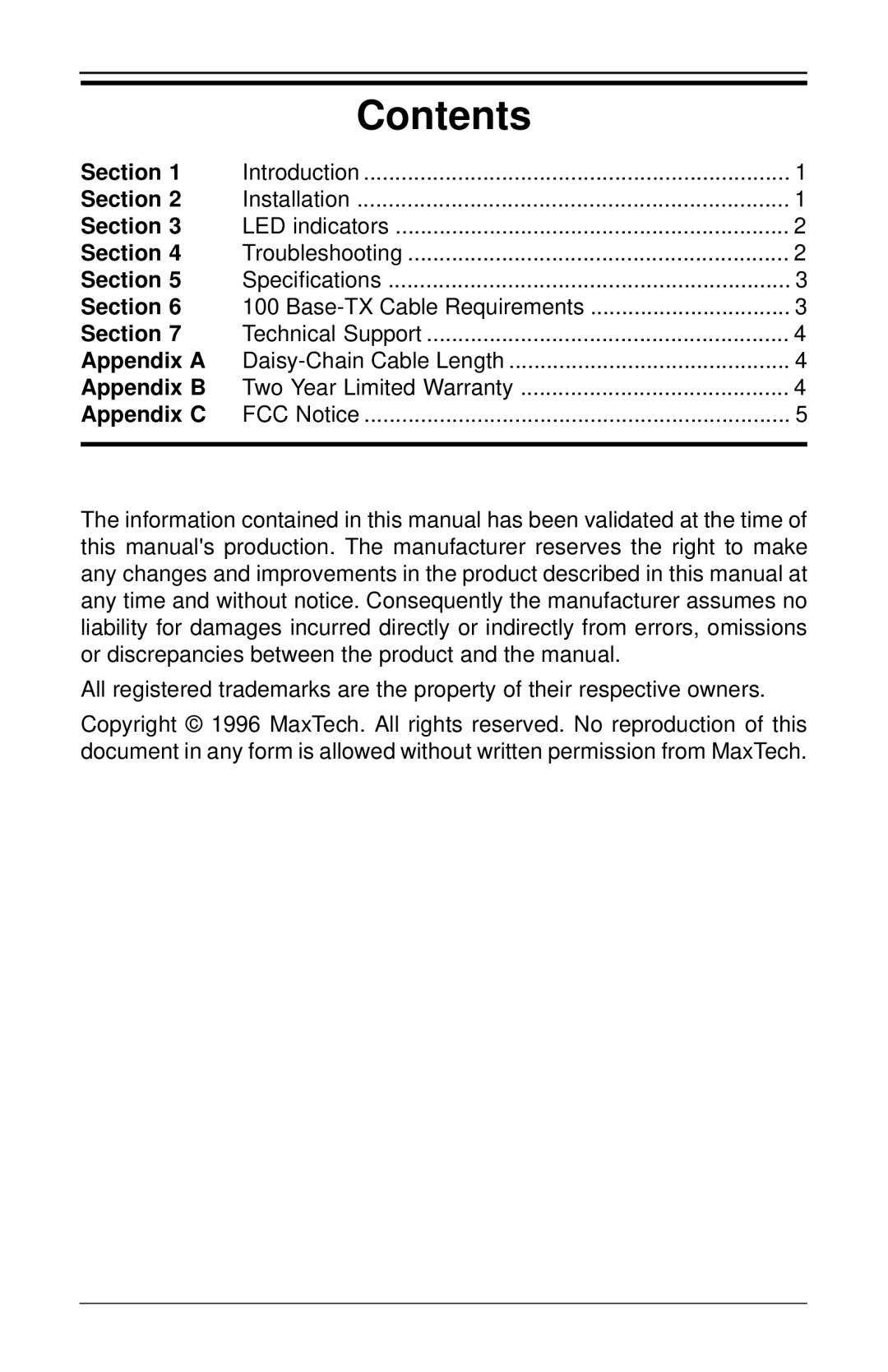 MaxTech FHX-8100 manual Contents 