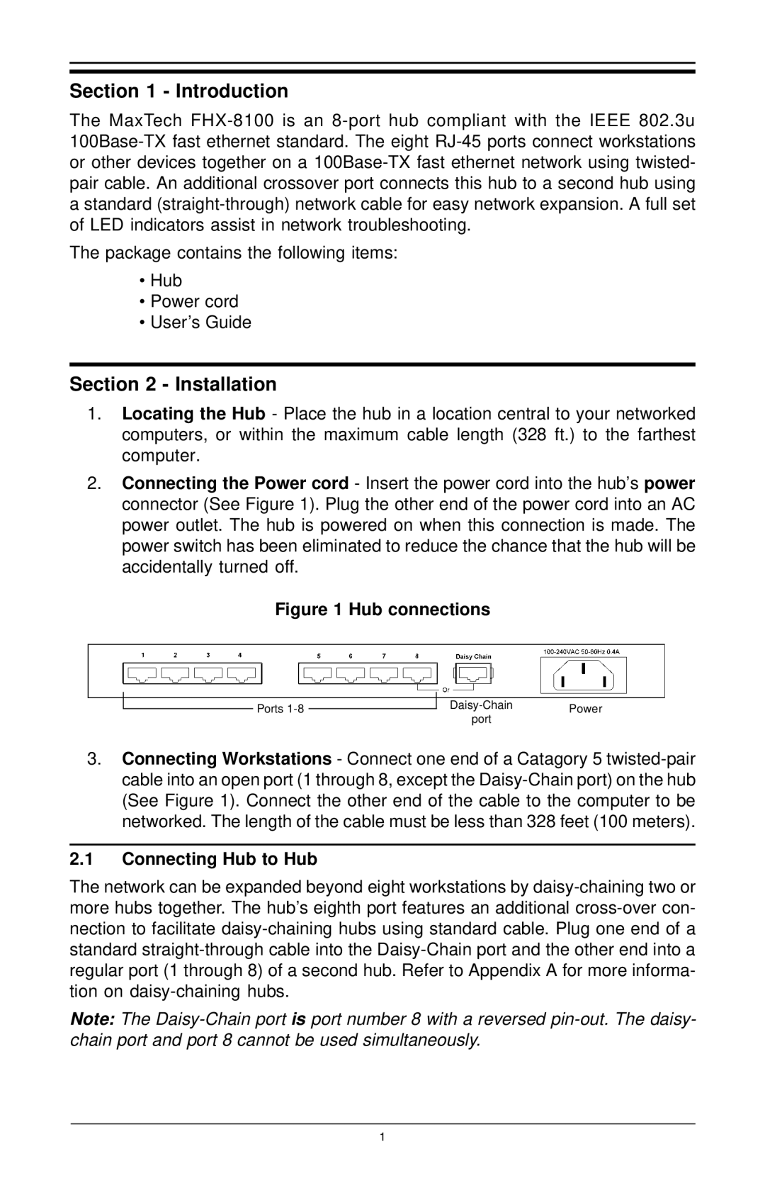 MaxTech FHX-8100 manual Introduction, Installation, Connecting Hub to Hub 