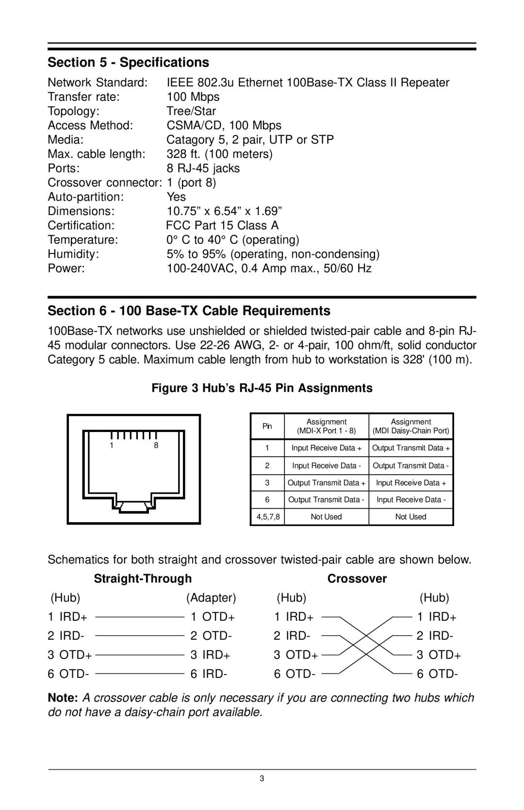 MaxTech FHX-8100 manual Specifications, Base-TX Cable Requirements, Straight-Through Crossover 