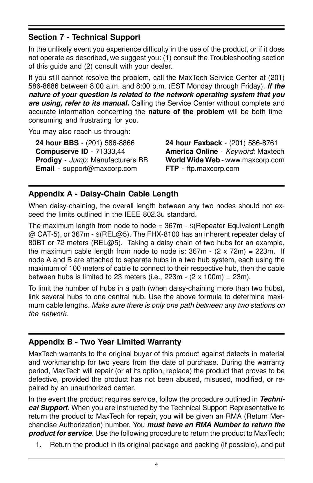 MaxTech FHX-8100 manual Technical Support, Appendix a Daisy-Chain Cable Length, Appendix B Two Year Limited Warranty 