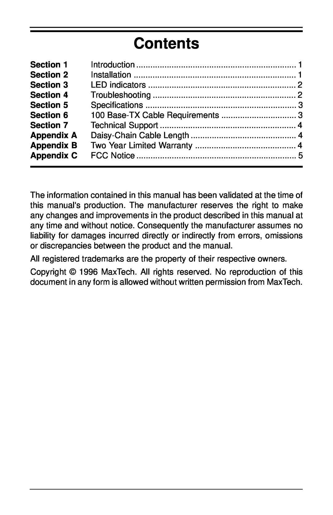 MaxTech FHX-8100 manual Section, Appendix C, Contents 