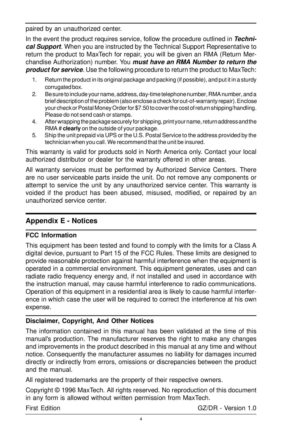 MaxTech HX-5 manual Appendix E Notices, FCC Information Disclaimer, Copyright, And Other Notices 