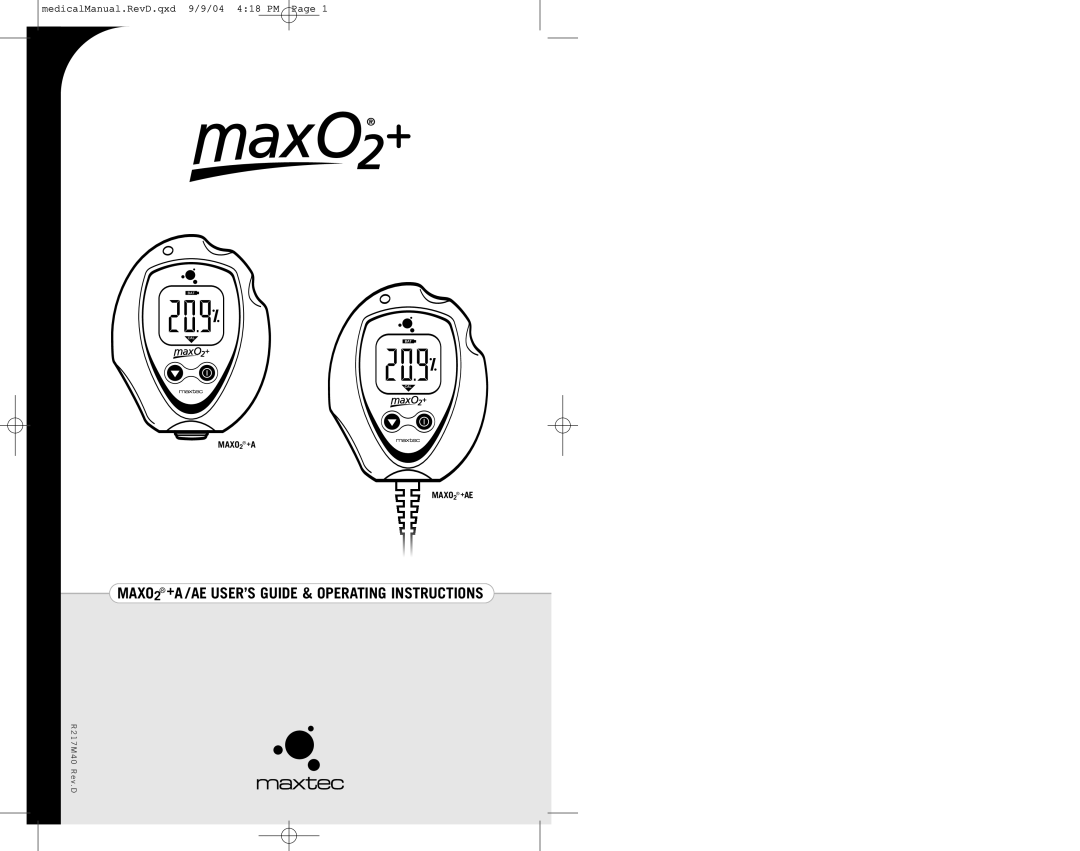 MaxTech operating instructions MAXO2 +A /AE USER’S Guide & Operating Instructions 