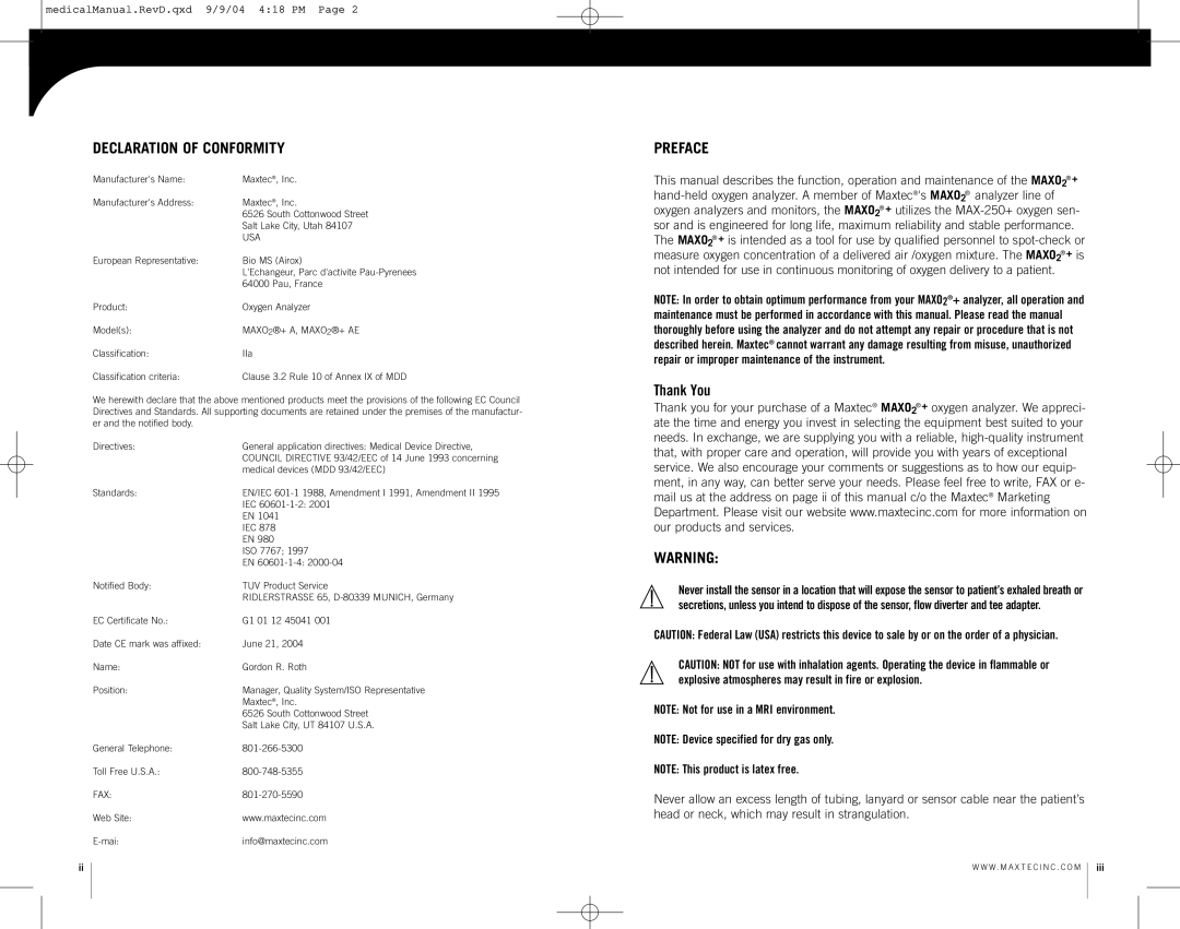 MaxTech MAXO2 operating instructions Declaration of Conformity, Preface, Thank You 