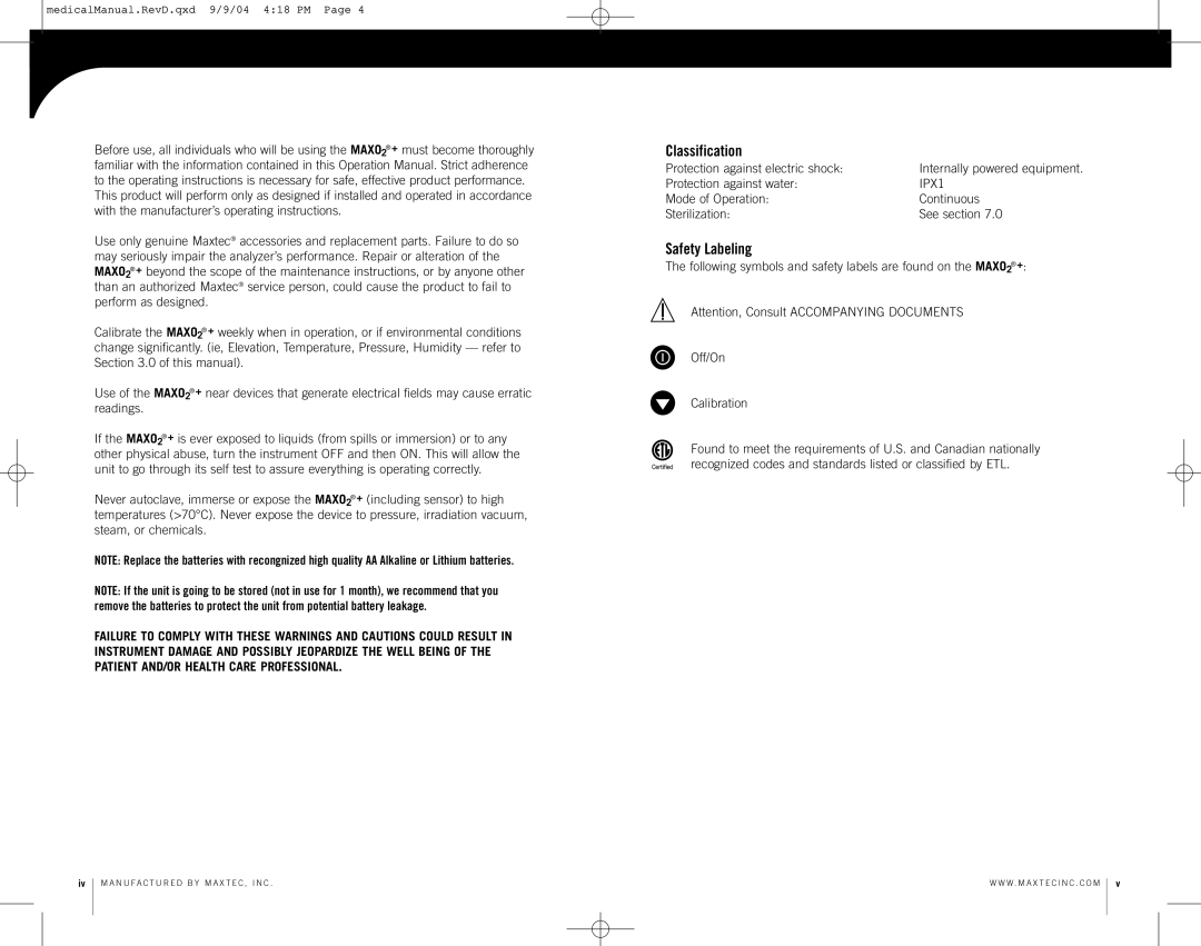 MaxTech MAXO2 operating instructions Classification, Safety Labeling 