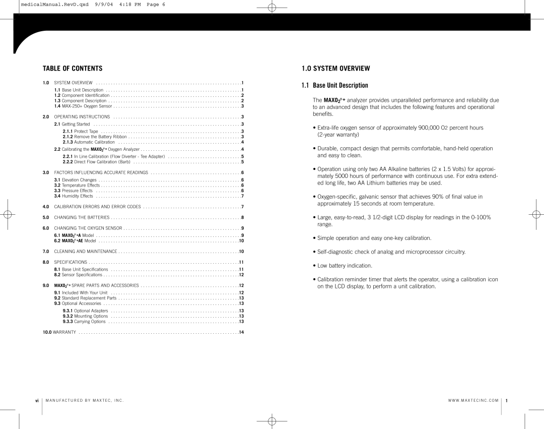 MaxTech MAXO2 operating instructions Table of Contents, System Overview 