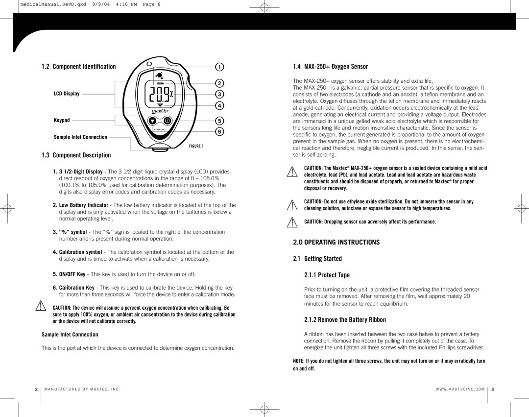 MaxTech MAXO2 Component Identification Component Description, MAX-250+ Oxygen Sensor, Operating Instructions 