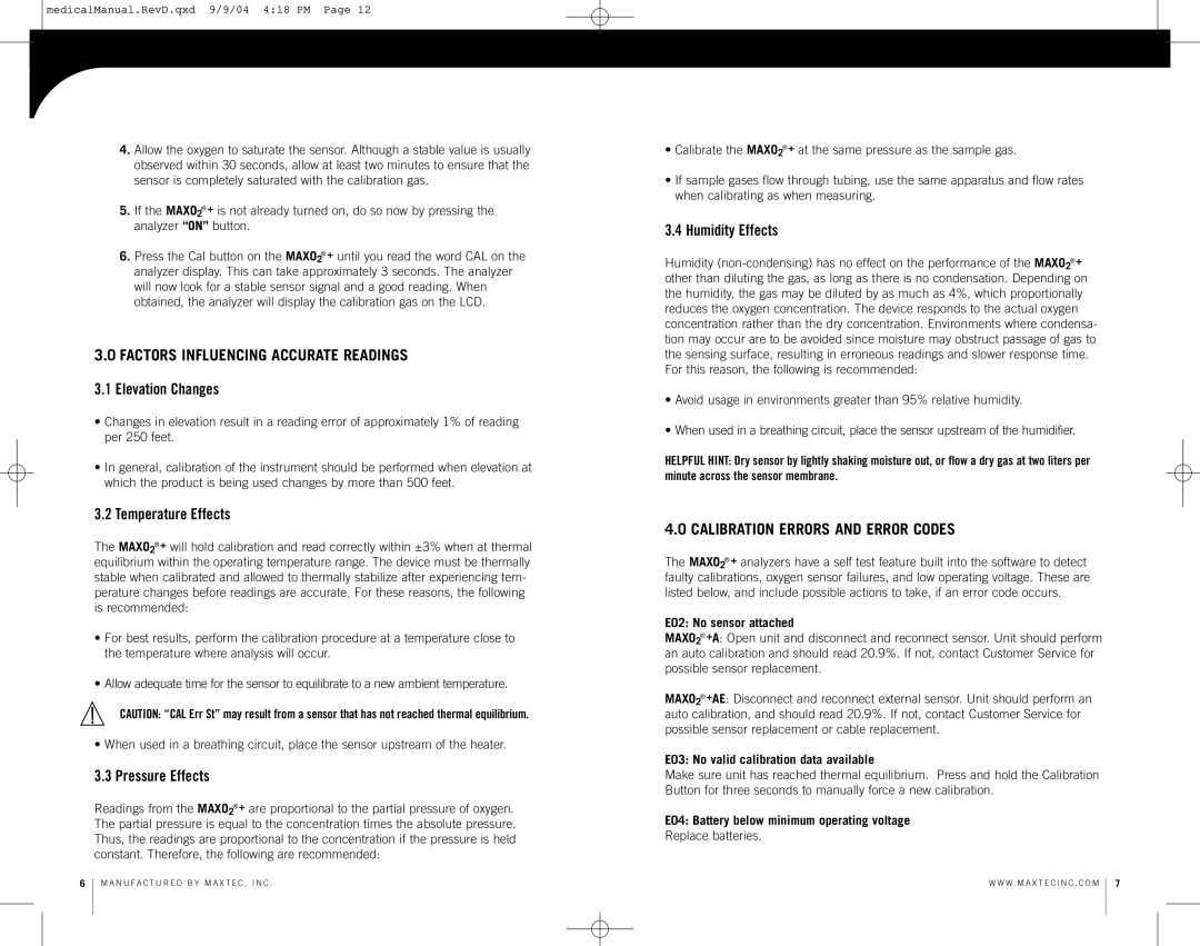 MaxTech MAXO2 operating instructions Factors Influencing Accurate Readings, Calibration Errors and Error Codes 