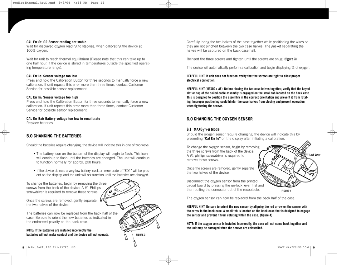 MaxTech operating instructions Changing the Batteries, Changing the Oxygen Sensor, MAXO2+A Model 