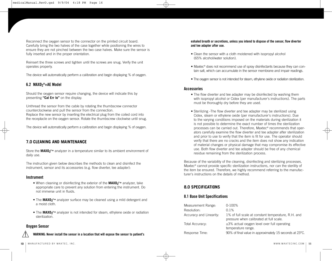 MaxTech MAXO2 operating instructions Cleaning and Maintenance, Specifications 