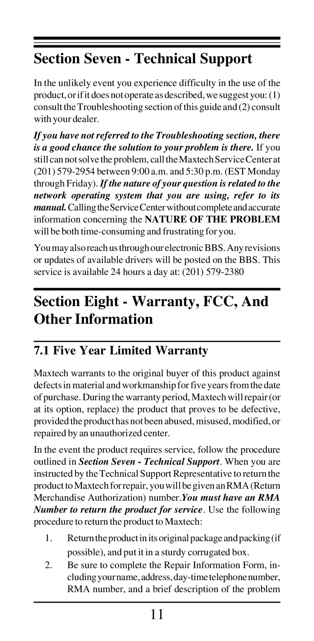 MaxTech NX-16 manual Section Seven Technical Support, Section Eight Warranty, FCC, And Other Information 