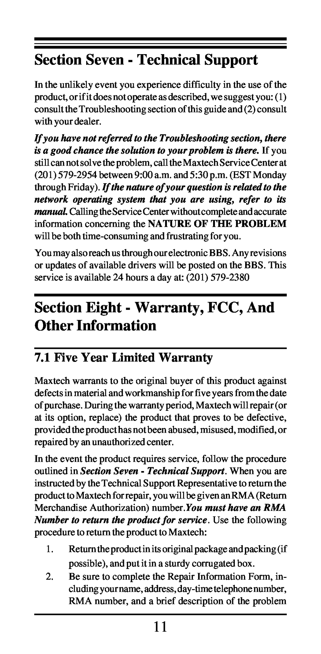 MaxTech NX-16 manual Section Seven - Technical Support, Section Eight - Warranty, FCC, And Other Information 