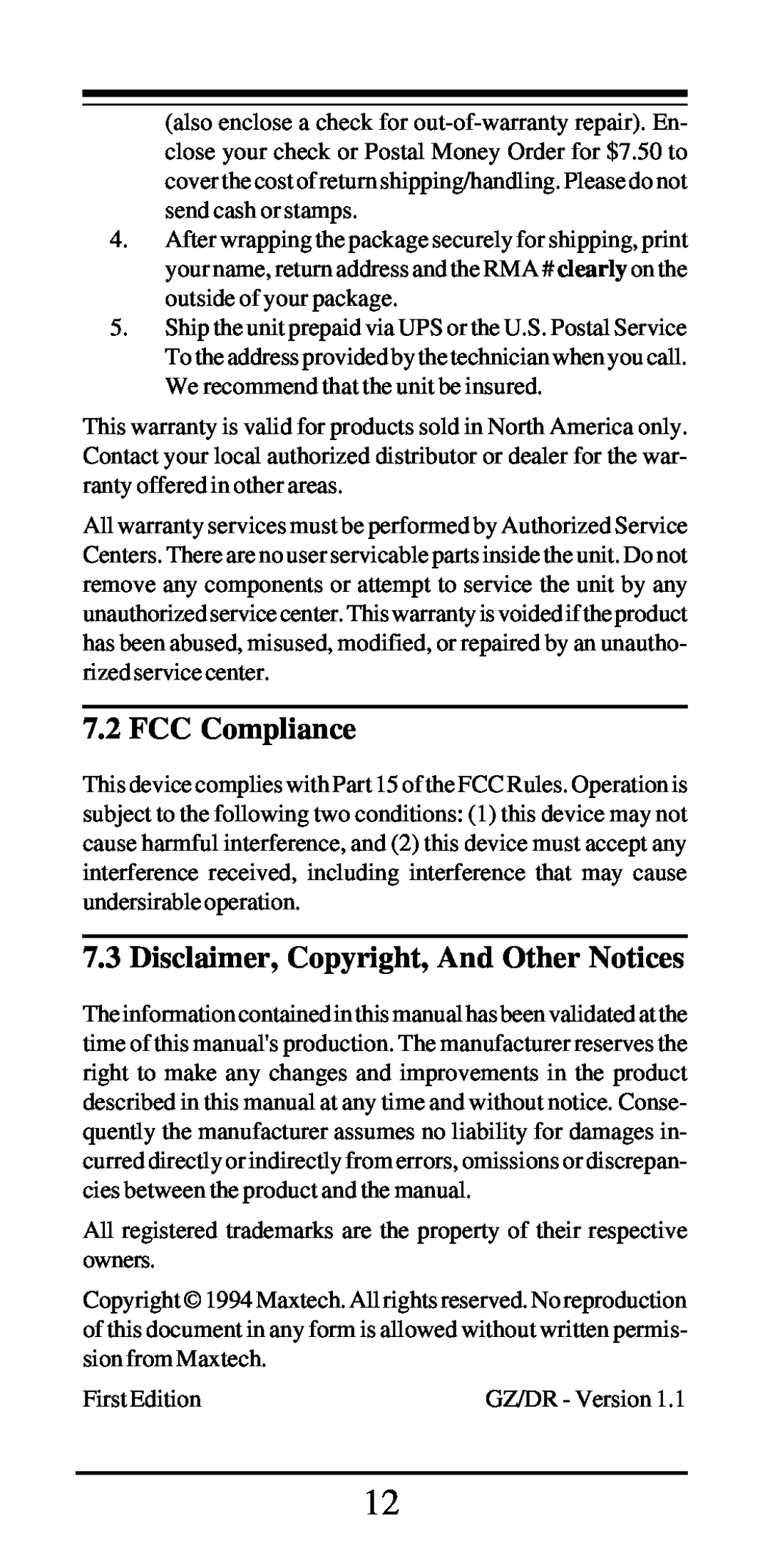 MaxTech NX-16 manual FCC Compliance, Disclaimer, Copyright, And Other Notices 