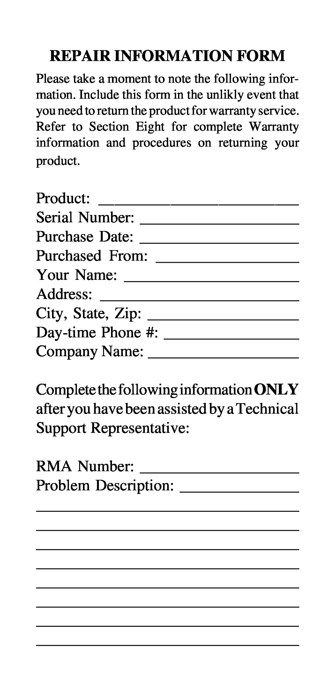 MaxTech NX-16 manual Repair Information Form 