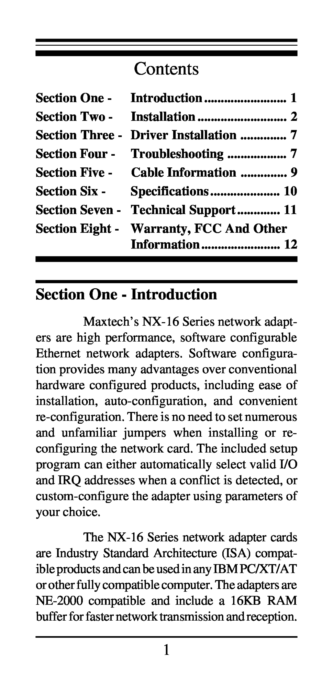 MaxTech NX-16 manual Section One - Introduction, Contents 