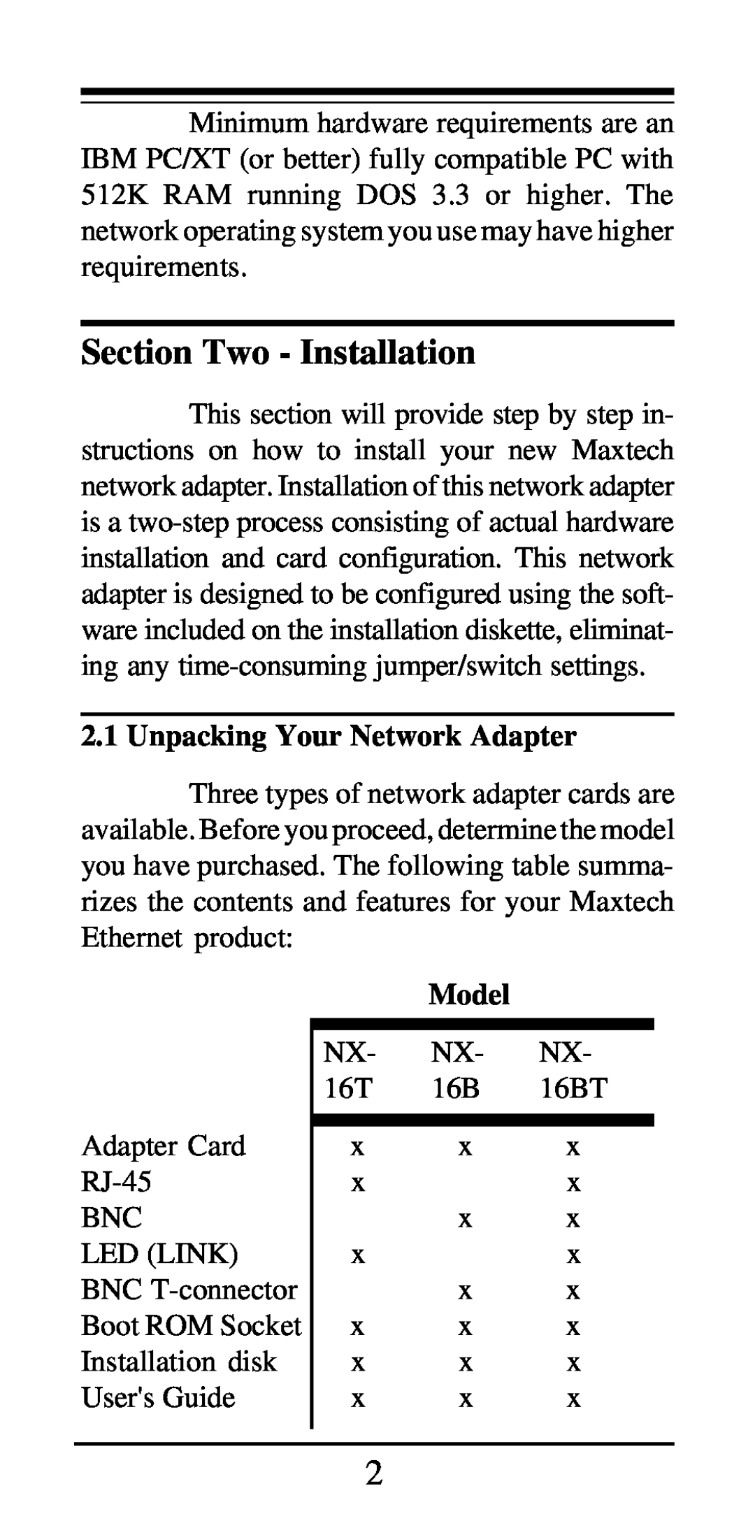 MaxTech NX-16 manual Section Two - Installation, Unpacking Your Network Adapter, Model 