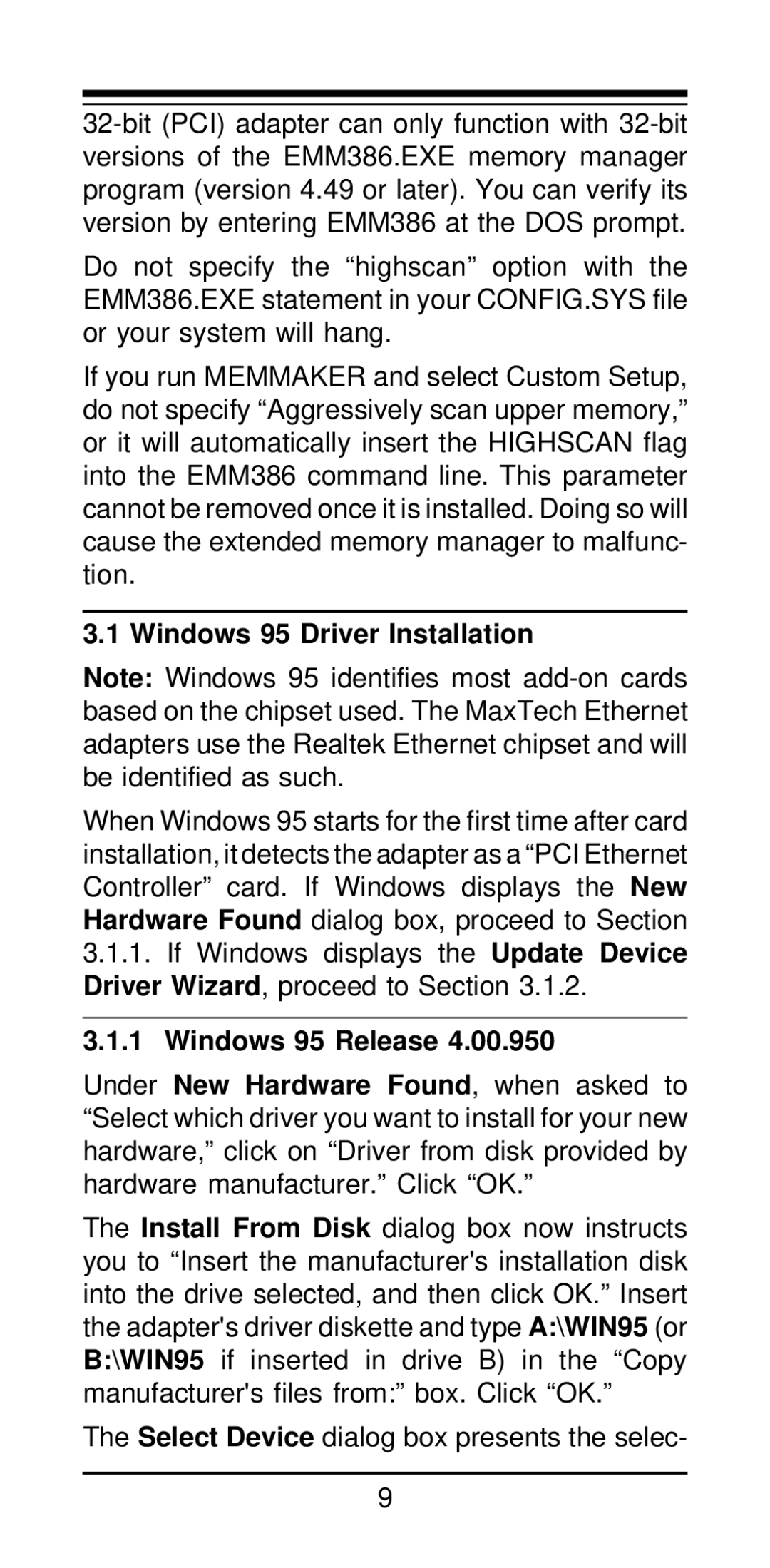 MaxTech NX-32PCI manual Windows 95 Driver Installation, Windows 95 Release 