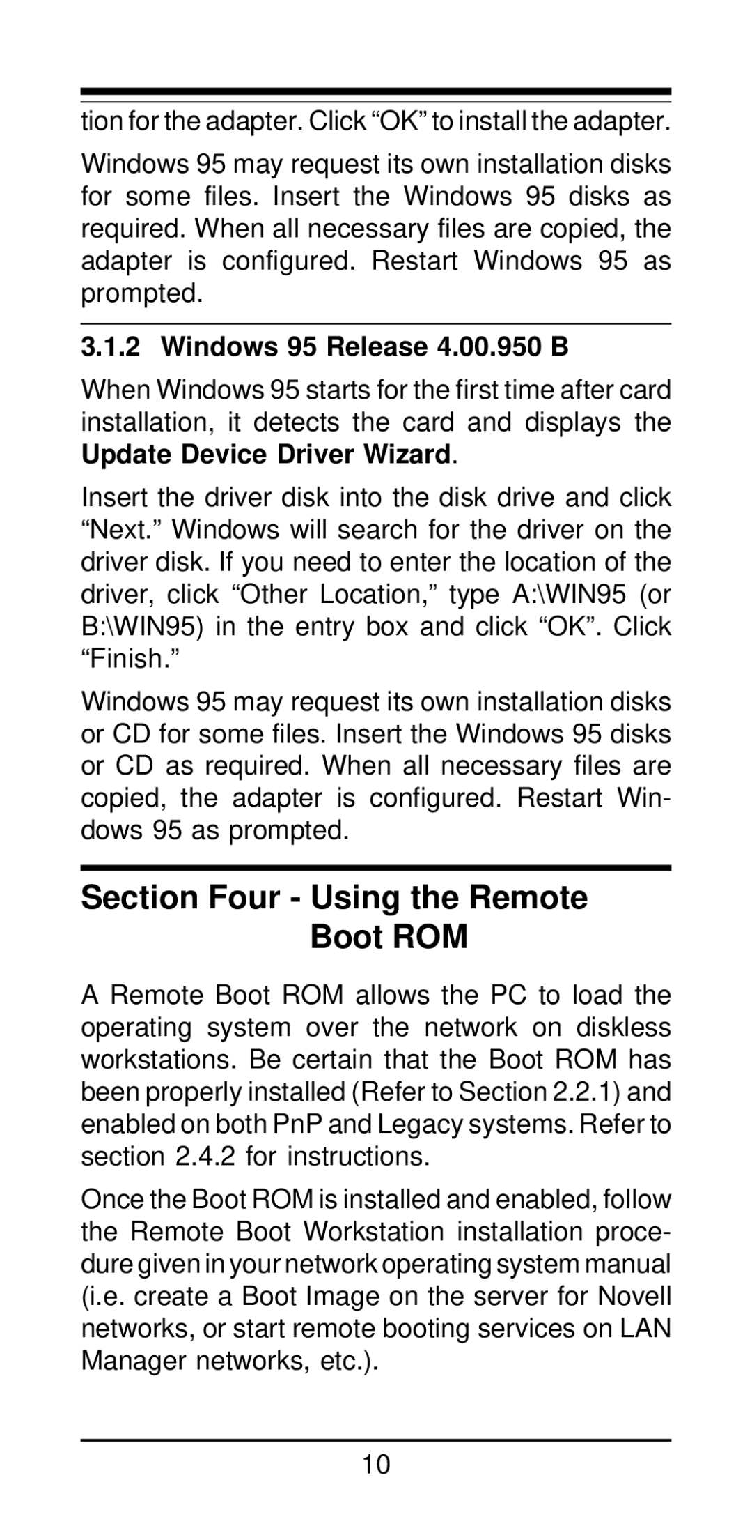 MaxTech NX-32PCI manual Section Four Using the Remote Boot ROM, Windows 95 Release 4.00.950 B 