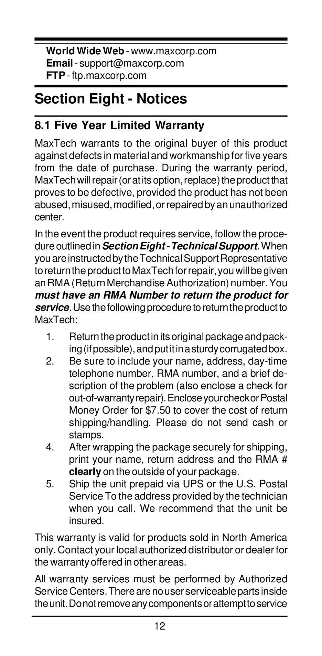 MaxTech NXP-16 manual Section Eight Notices, Five Year Limited Warranty 