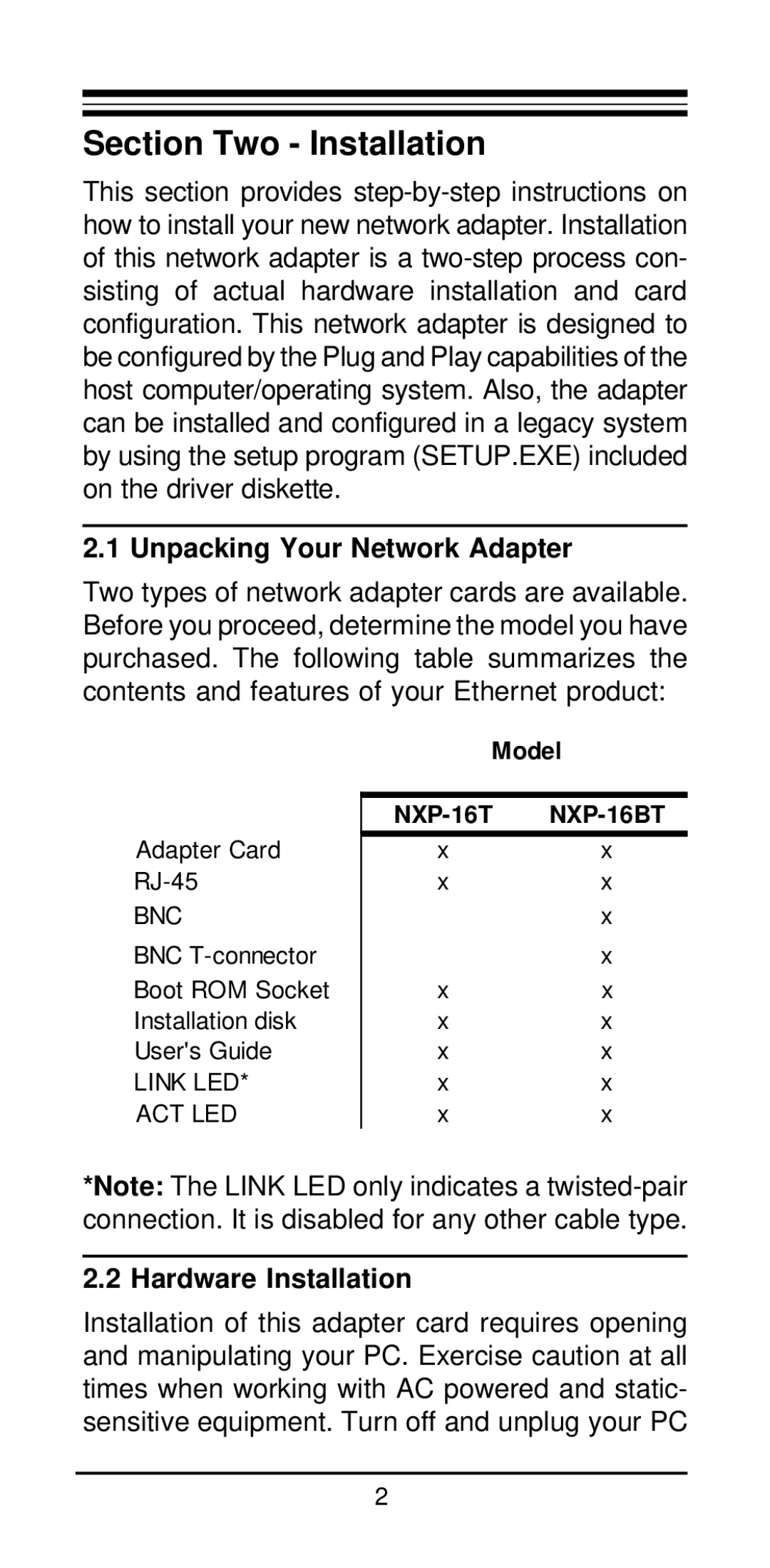 MaxTech NXP-16 manual Section Two Installation, Unpacking Your Network Adapter, Hardware Installation 