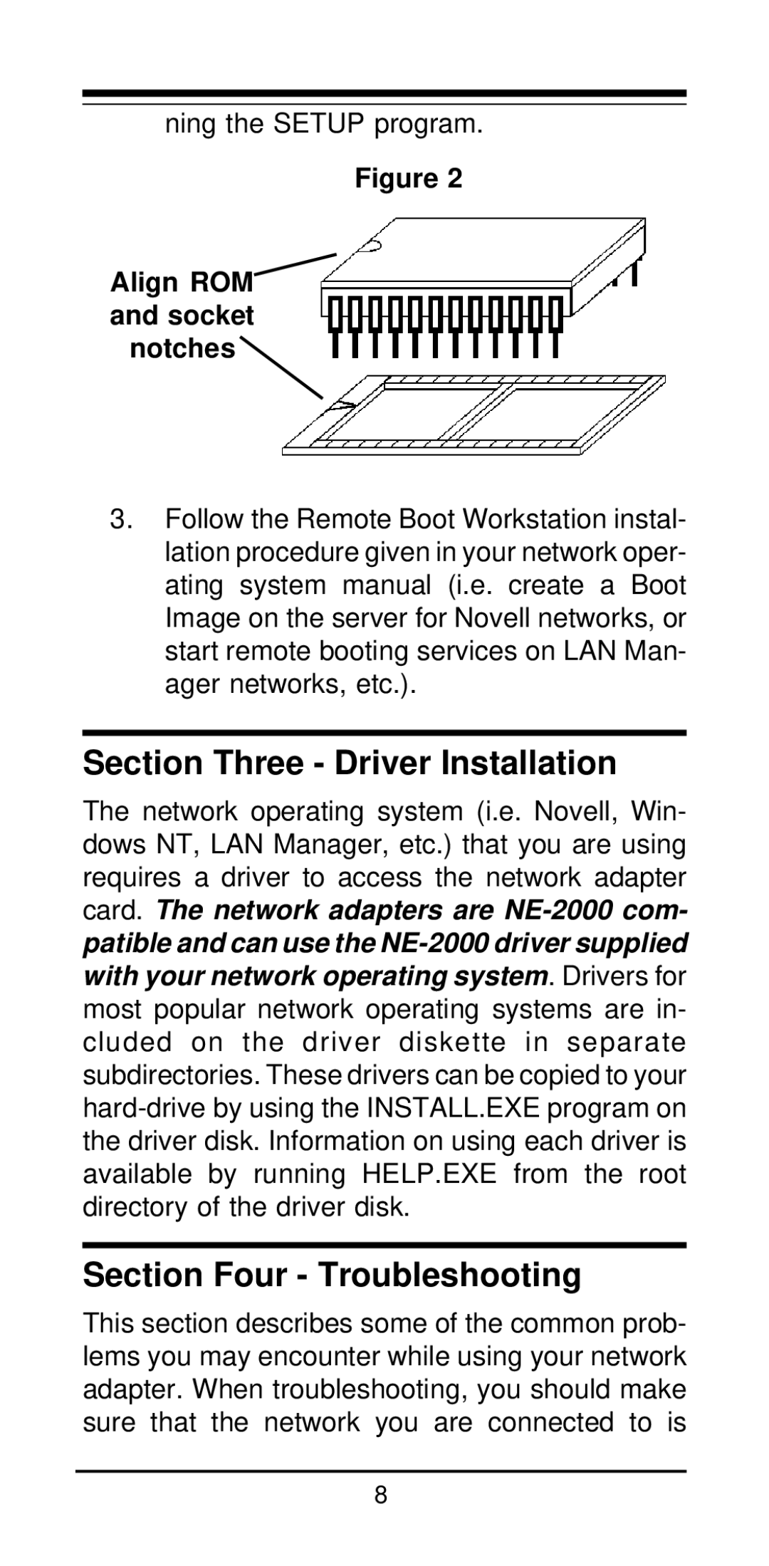 MaxTech NXP-16 manual Section Three Driver Installation, Section Four Troubleshooting, Align ROM and socket notches 