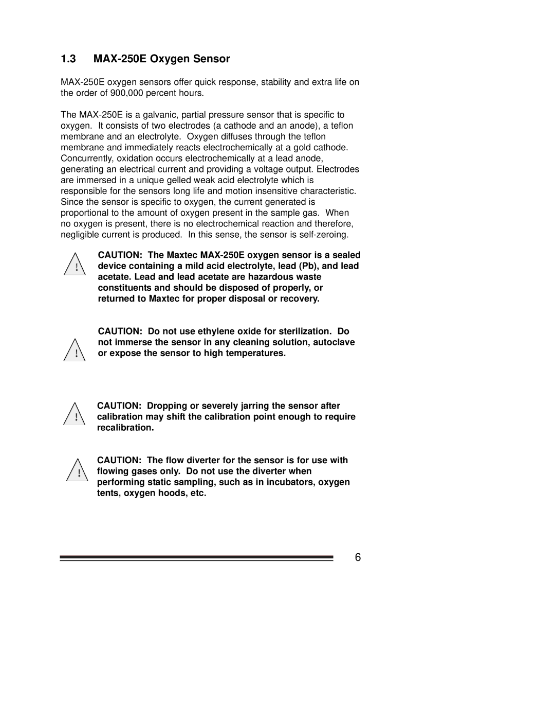 MaxTech OM-25ME operating instructions MAX-250E Oxygen Sensor 