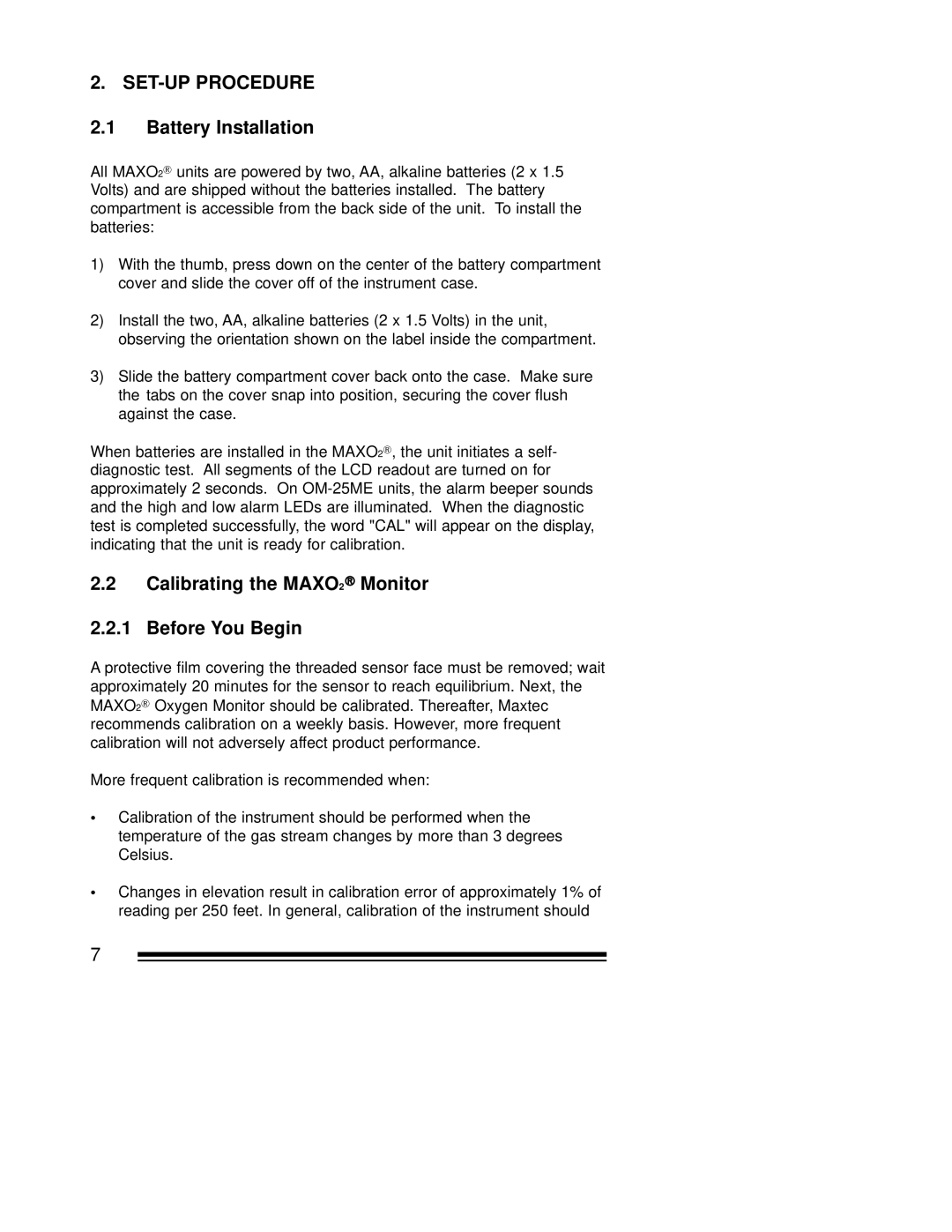 MaxTech OM-25ME operating instructions Battery Installation, Calibrating the MAXO2 Monitor Before You Begin 