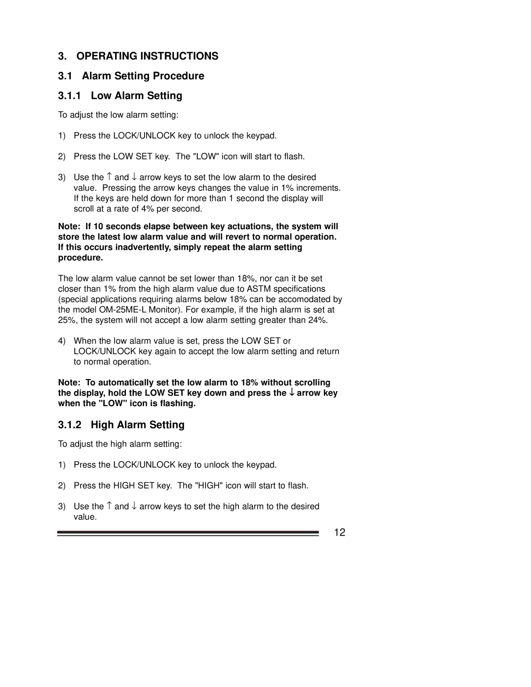 MaxTech OM-25ME operating instructions Alarm Setting Procedure Low Alarm Setting, High Alarm Setting 