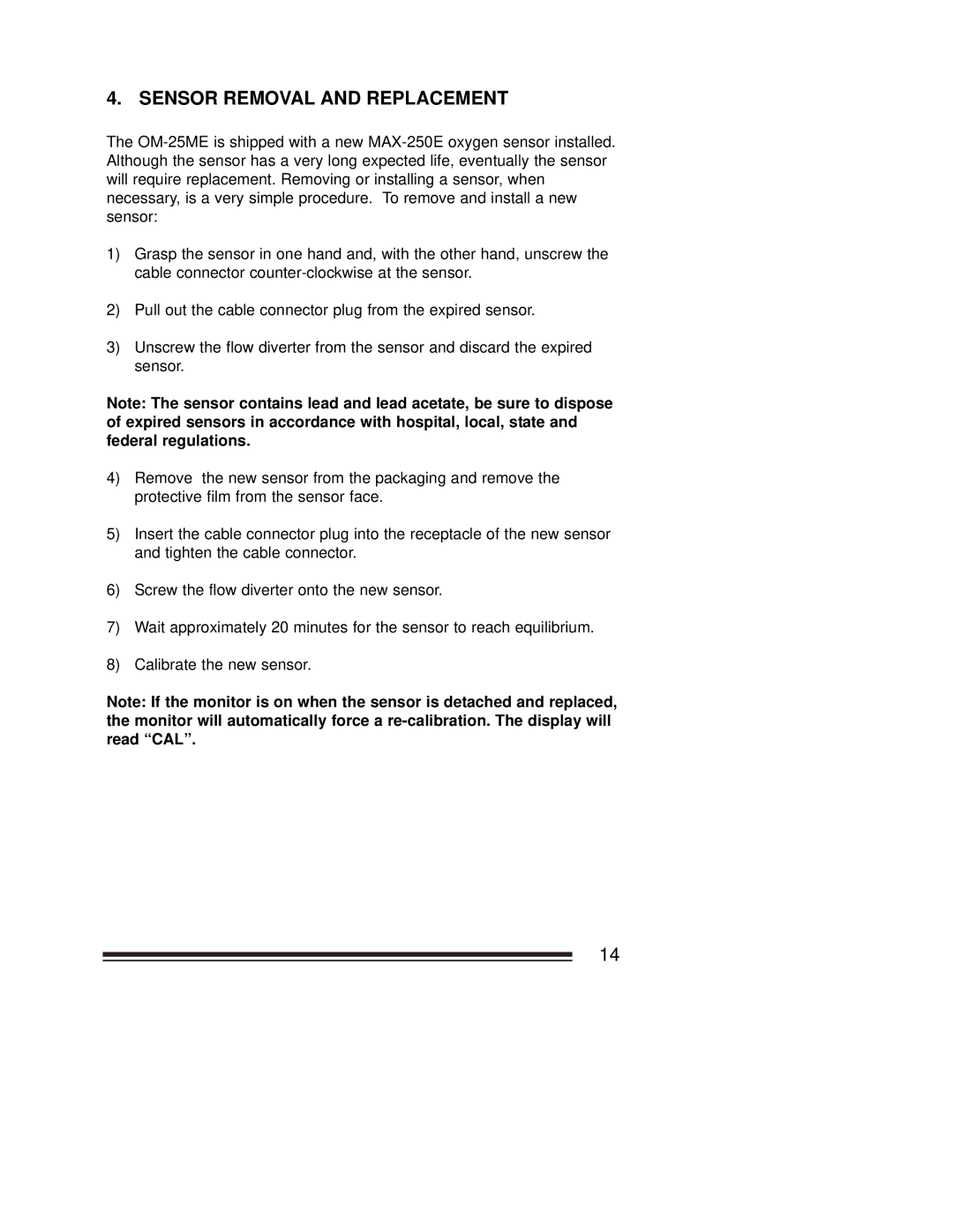 MaxTech OM-25ME operating instructions Sensor Removal and Replacement 