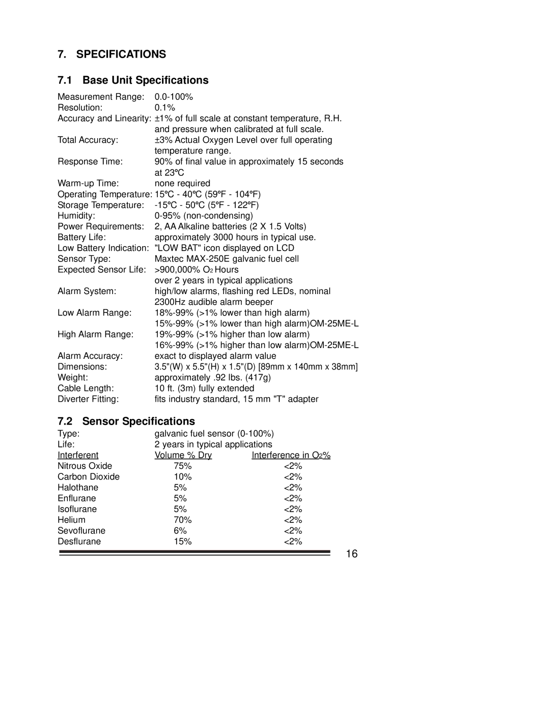 MaxTech OM-25ME operating instructions Base Unit Specifications, Sensor Specifications 