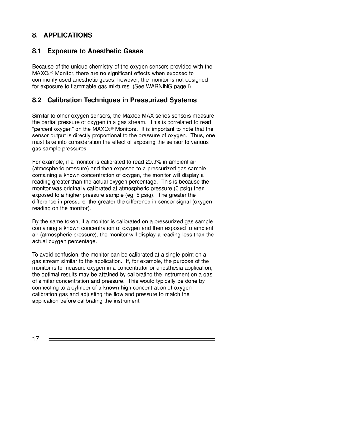 MaxTech OM-25ME operating instructions Exposure to Anesthetic Gases, Calibration Techniques in Pressurized Systems 