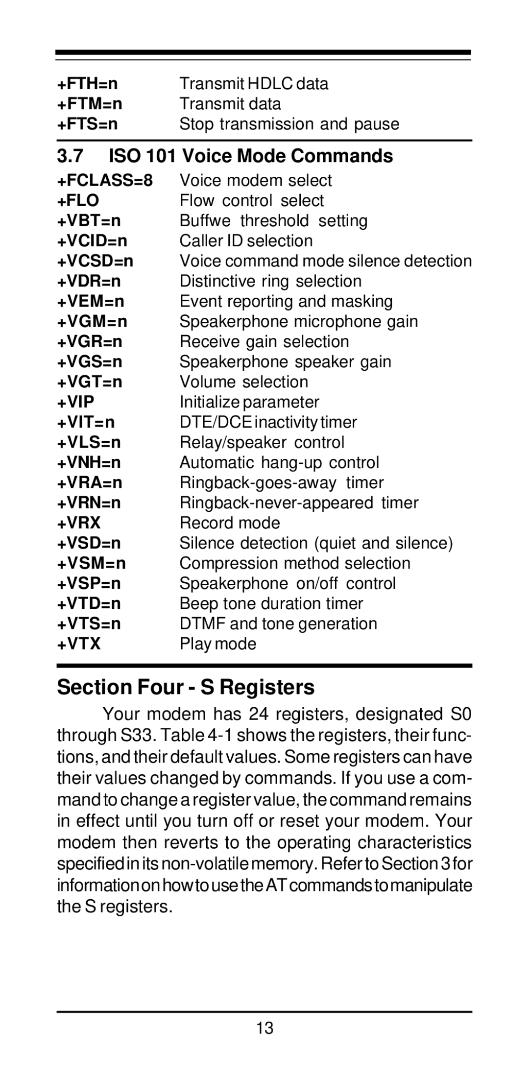 MaxTech PCI Internal Voice/FAX/Data/Speakerphone Modem user manual Section Four S Registers, ISO 101 Voice Mode Commands 