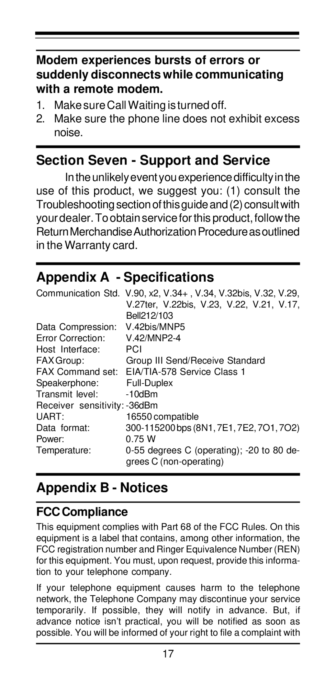 MaxTech PCI Internal Voice/FAX/Data/Speakerphone Modem Section Seven Support and Service, Appendix a Specifications 