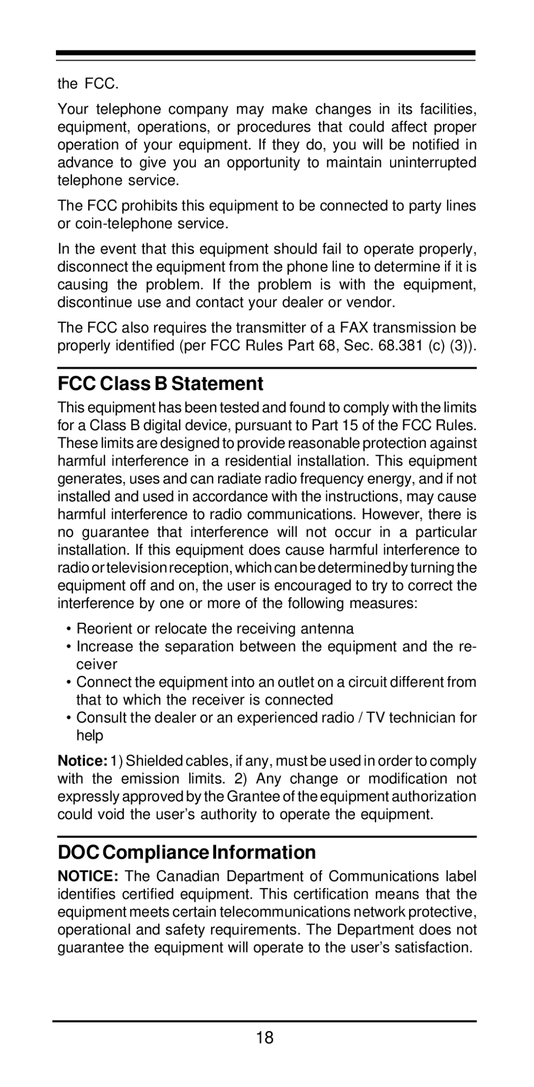 MaxTech PCI Internal Voice/FAX/Data/Speakerphone Modem user manual FCC Class B Statement, DOC Compliance Information 