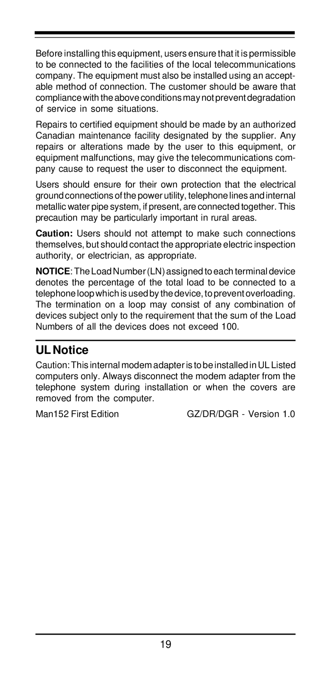 MaxTech PCI Internal Voice/FAX/Data/Speakerphone Modem user manual UL Notice 