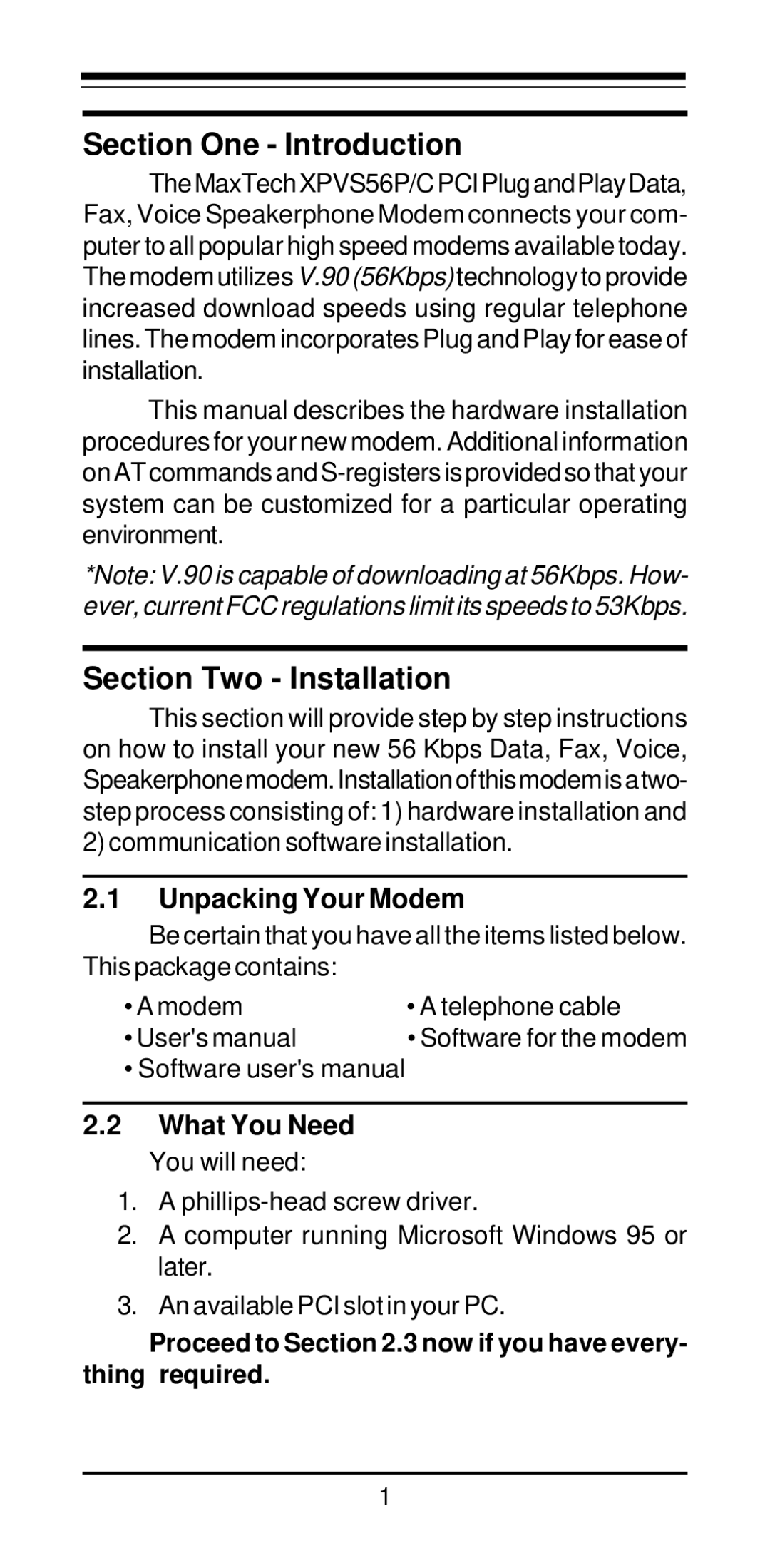 MaxTech PCI Internal Voice/FAX/Data/Speakerphone Modem user manual Section One Introduction, Section Two Installation 