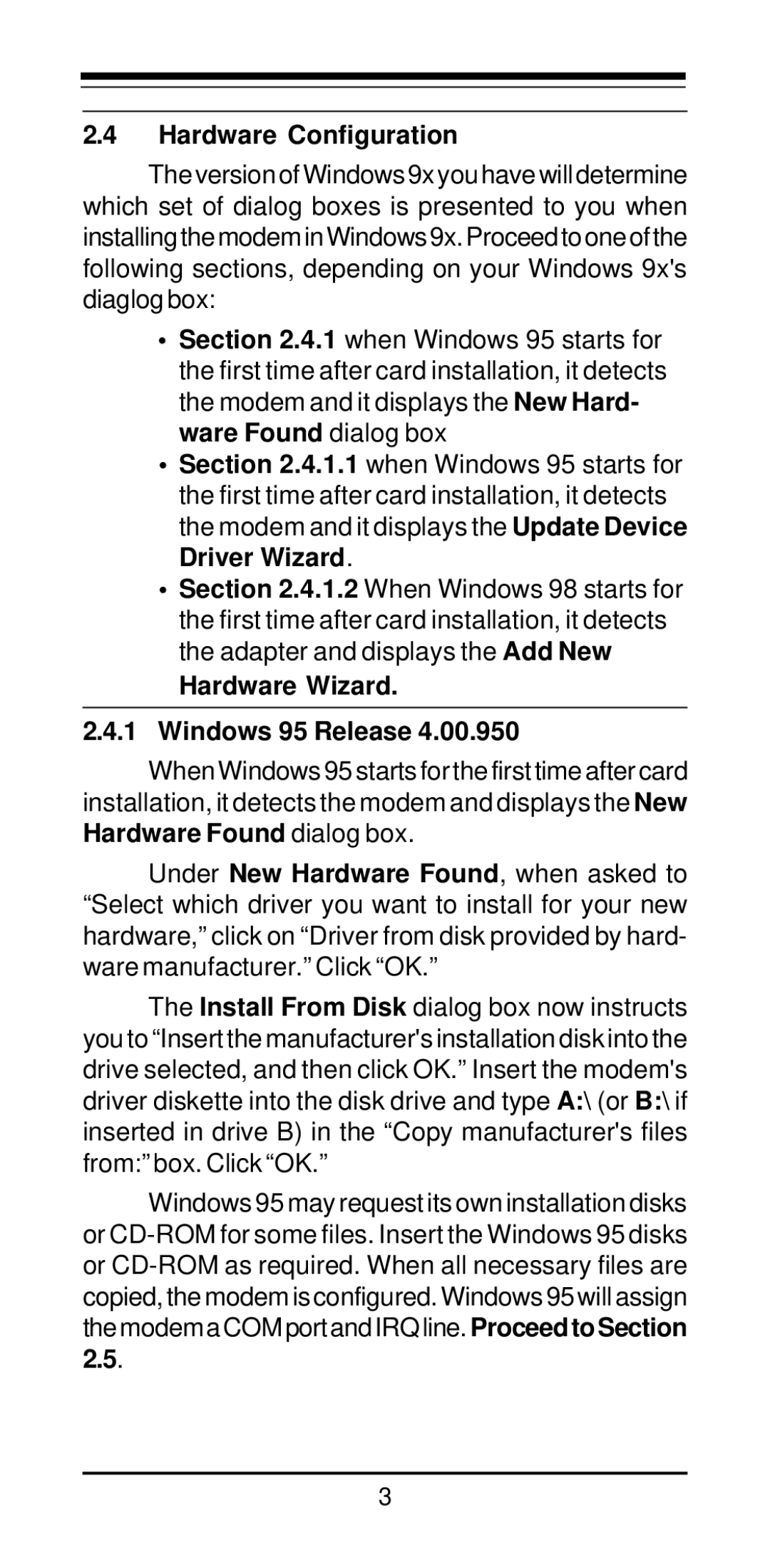 MaxTech PCI Internal Voice/FAX/Data/Speakerphone Modem Hardware Configuration, Hardware Wizard Windows 95 Release 