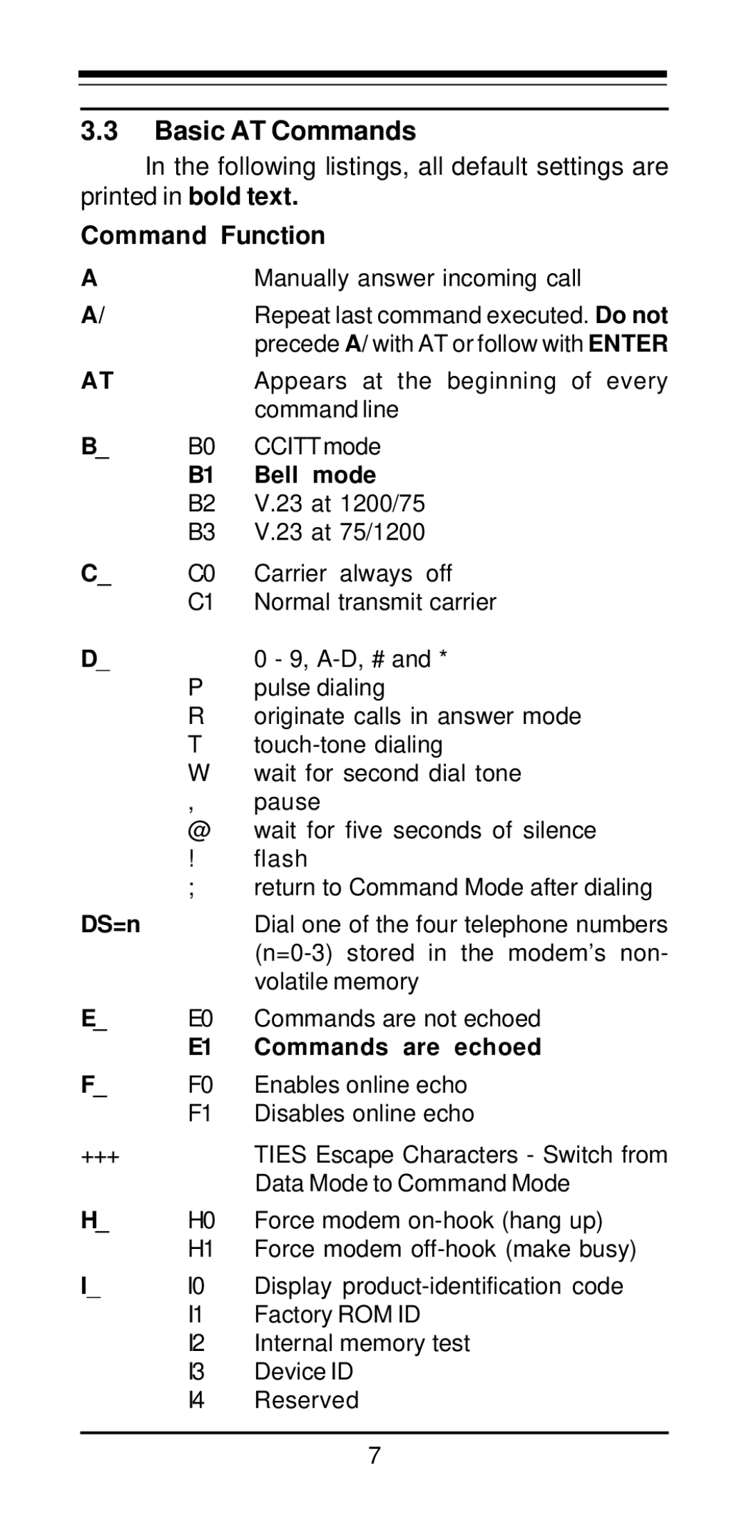 MaxTech PCI Internal Voice/FAX/Data/Speakerphone Modem user manual Basic AT Commands, Command Function, Bell mode, DS=n 