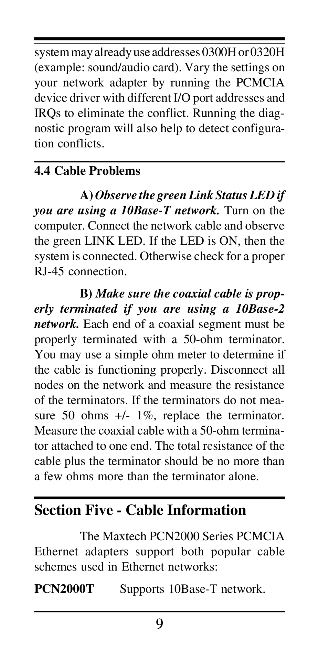 MaxTech PCN2000 Series manual Section Five Cable Information, Cable Problems 