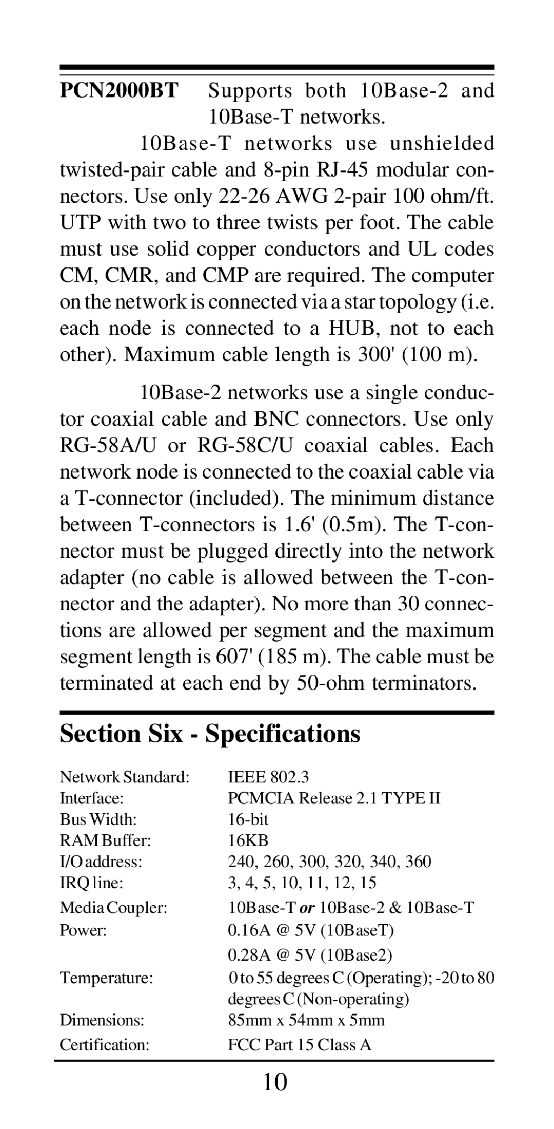 MaxTech PCN2000 Series manual Section Six Specifications 