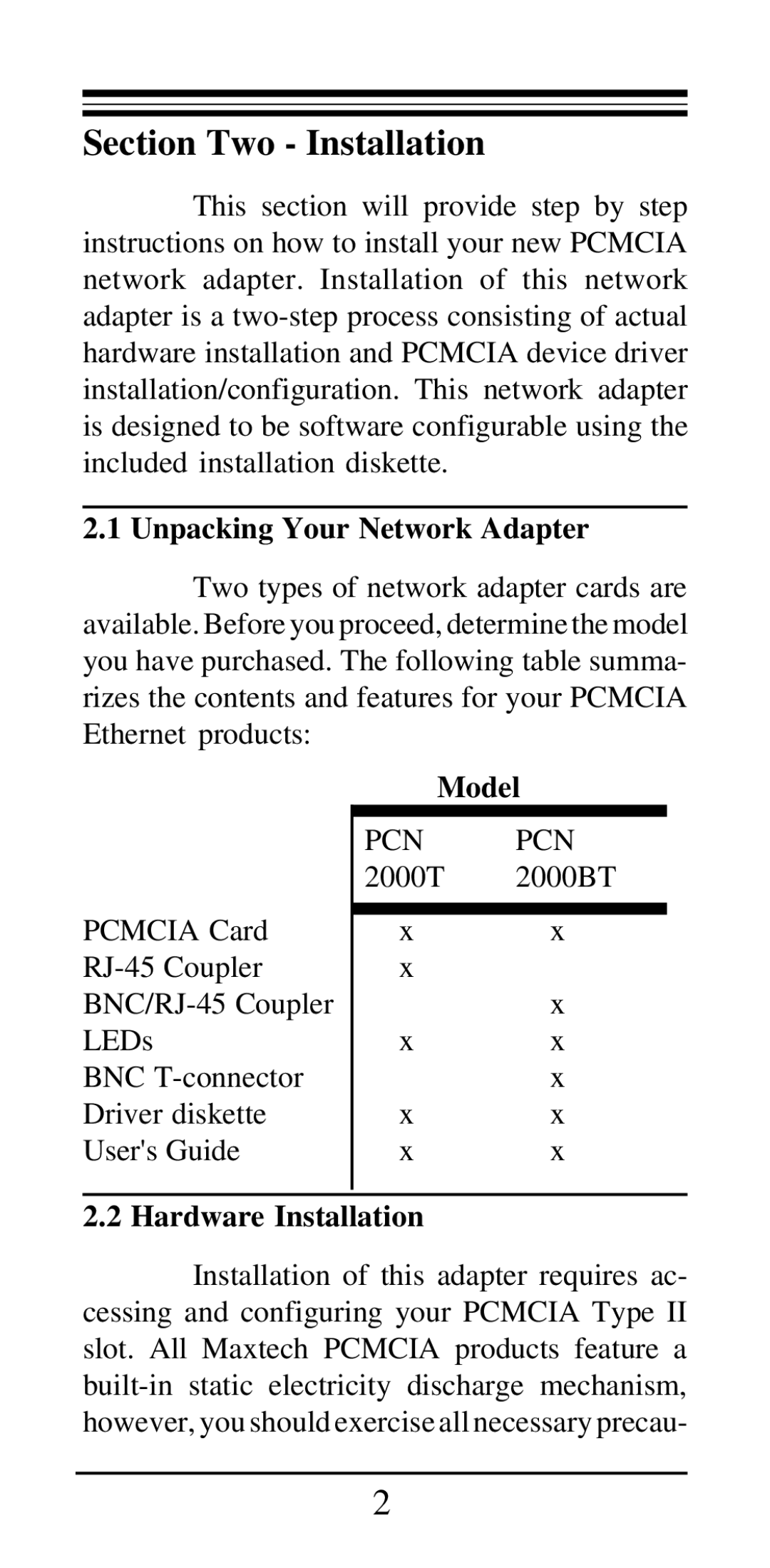 MaxTech PCN2000 Series manual Section Two Installation, Unpacking Your Network Adapter, Model, Hardware Installation 