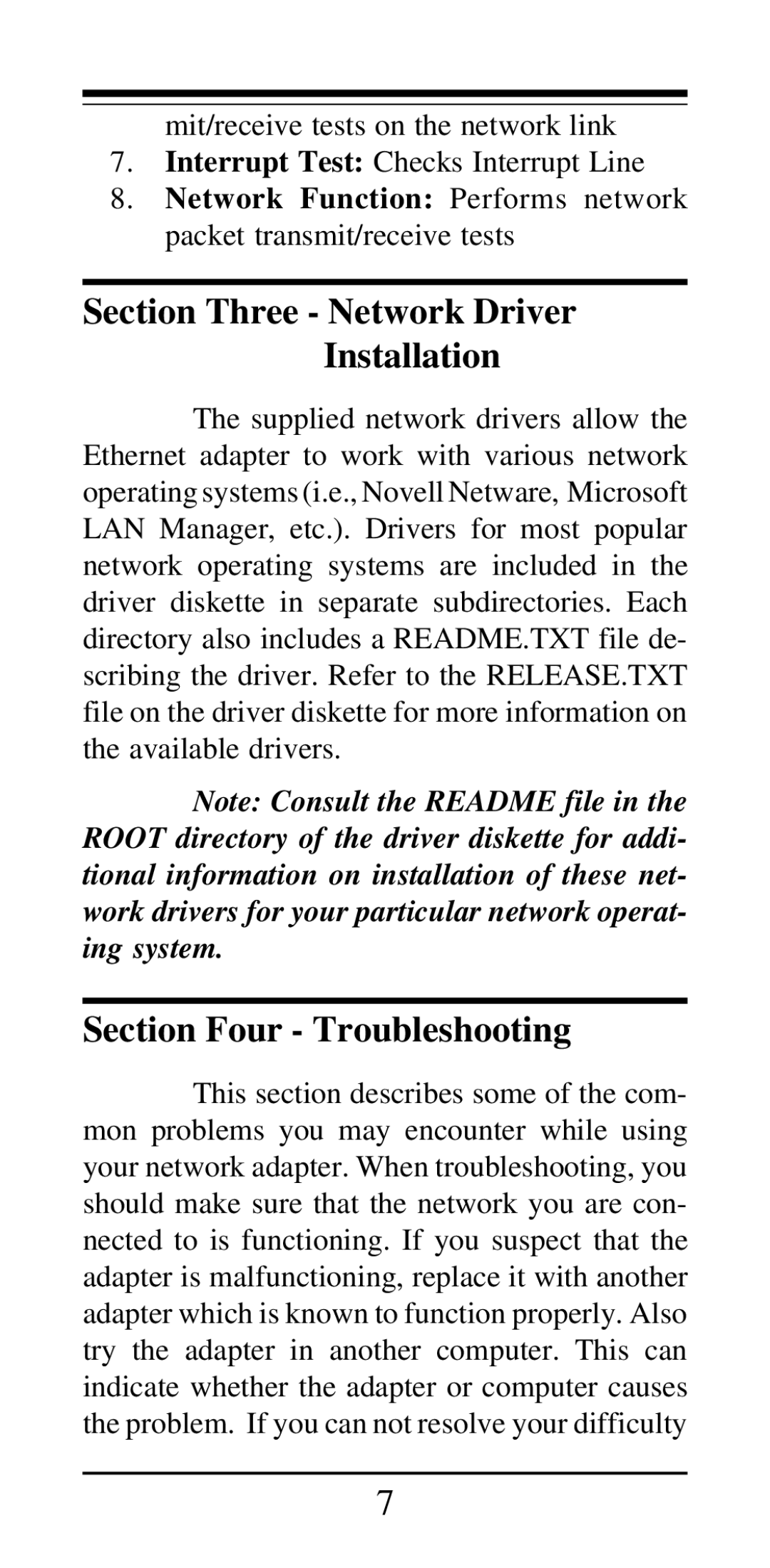 MaxTech PCN2000 Series manual Section Three Network Driver Installation, Section Four Troubleshooting 