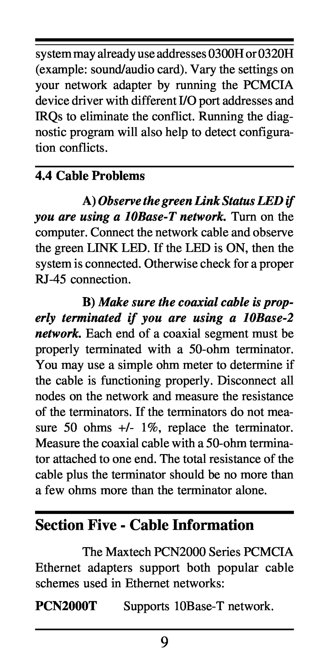 MaxTech PCN2000 Series manual Section Five - Cable Information, Cable Problems 