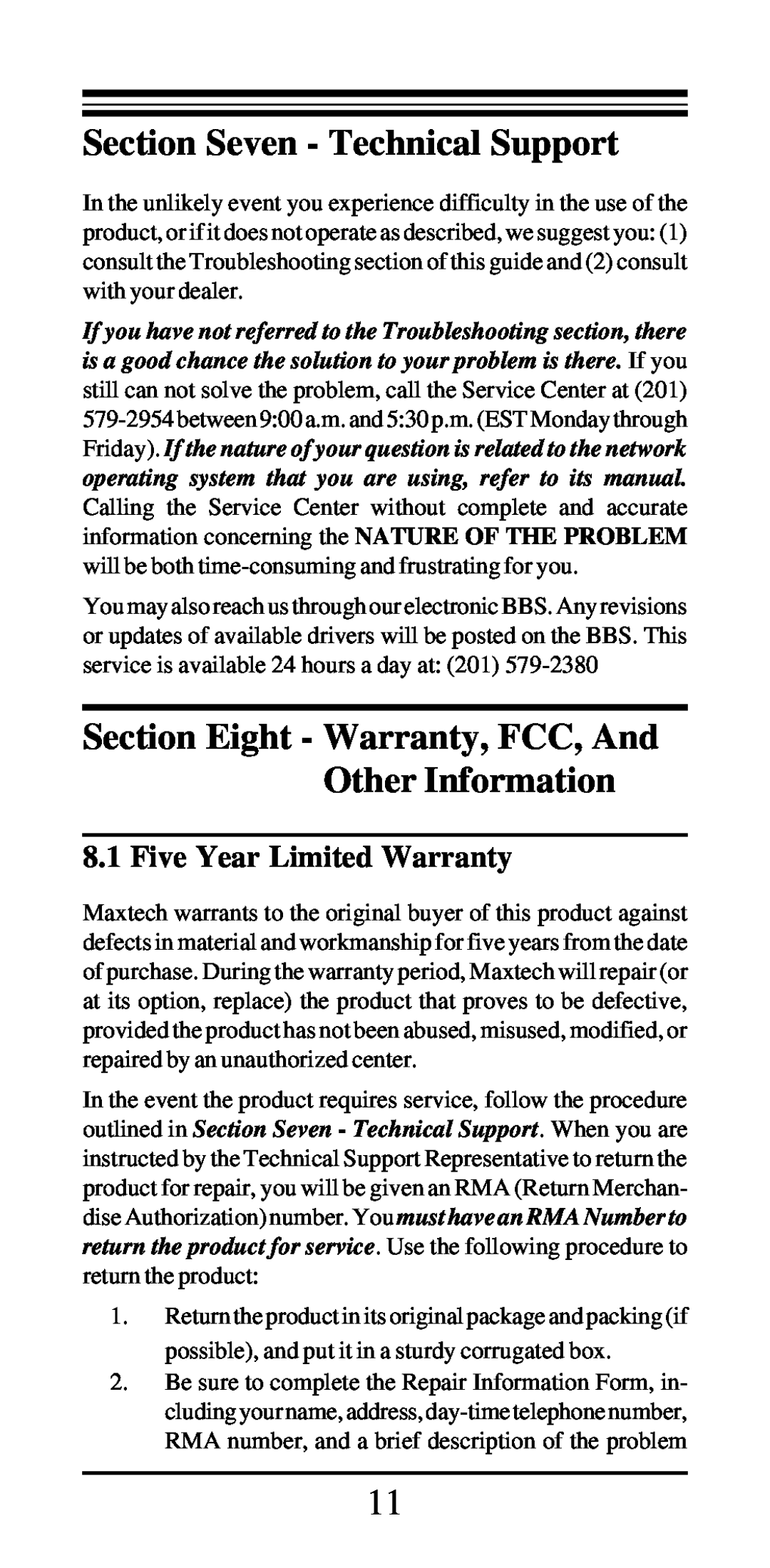 MaxTech PCN2000 Series manual Section Seven - Technical Support, Section Eight - Warranty, FCC, And Other Information 