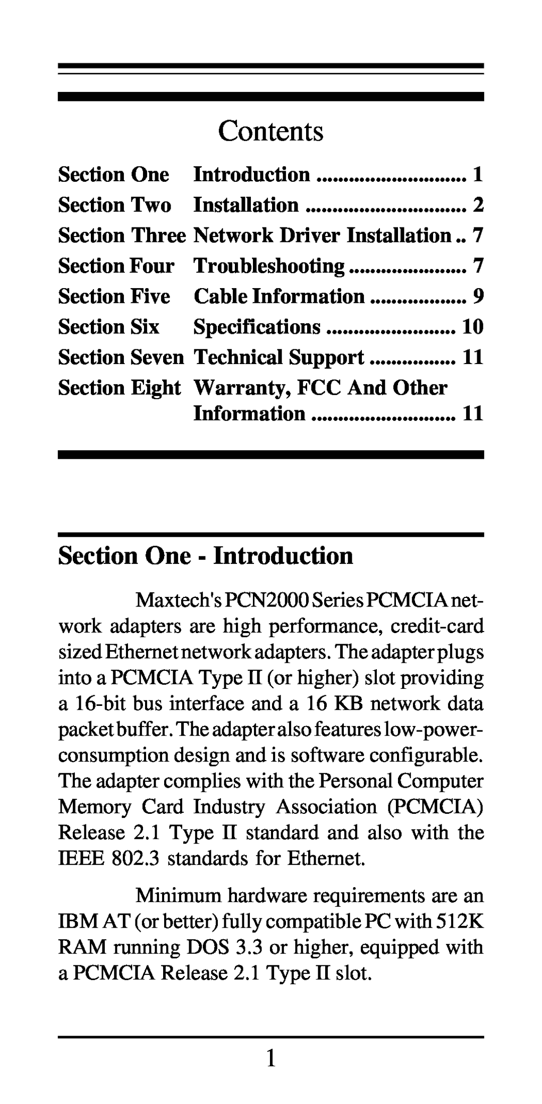 MaxTech PCN2000 Series Contents, Section One - Introduction, Section Two, Installation, Section Four, Troubleshooting 