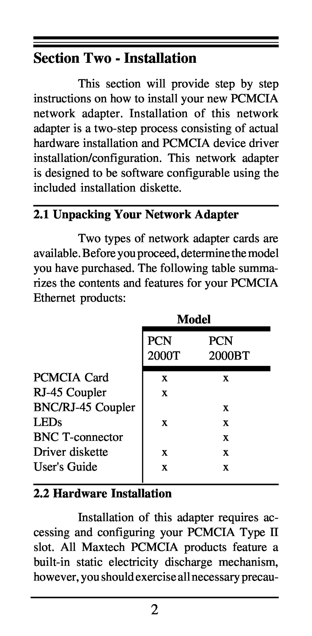 MaxTech PCN2000 Series manual Section Two - Installation, Unpacking Your Network Adapter, Model, Hardware Installation 
