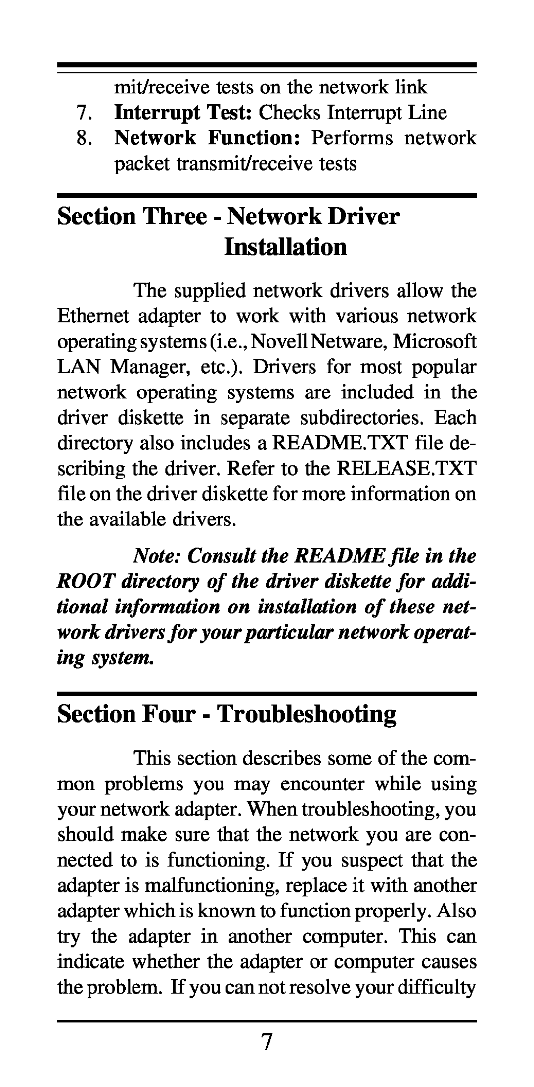 MaxTech PCN2000 Series manual Section Three - Network Driver Installation, Section Four - Troubleshooting 