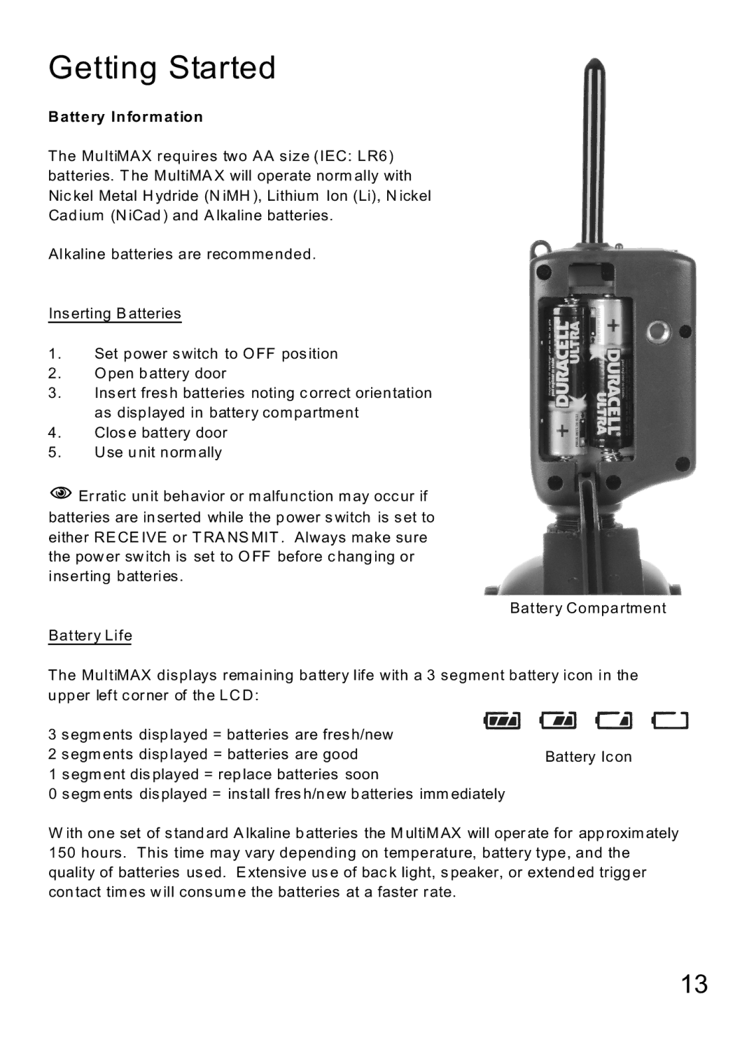 MaxTech Transceiver manual Getting Started, Battery Information 